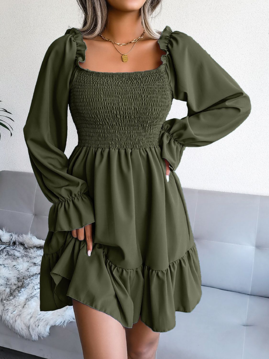 Smocked Flounce Sleeve Square Neck Dress - Witcheasy