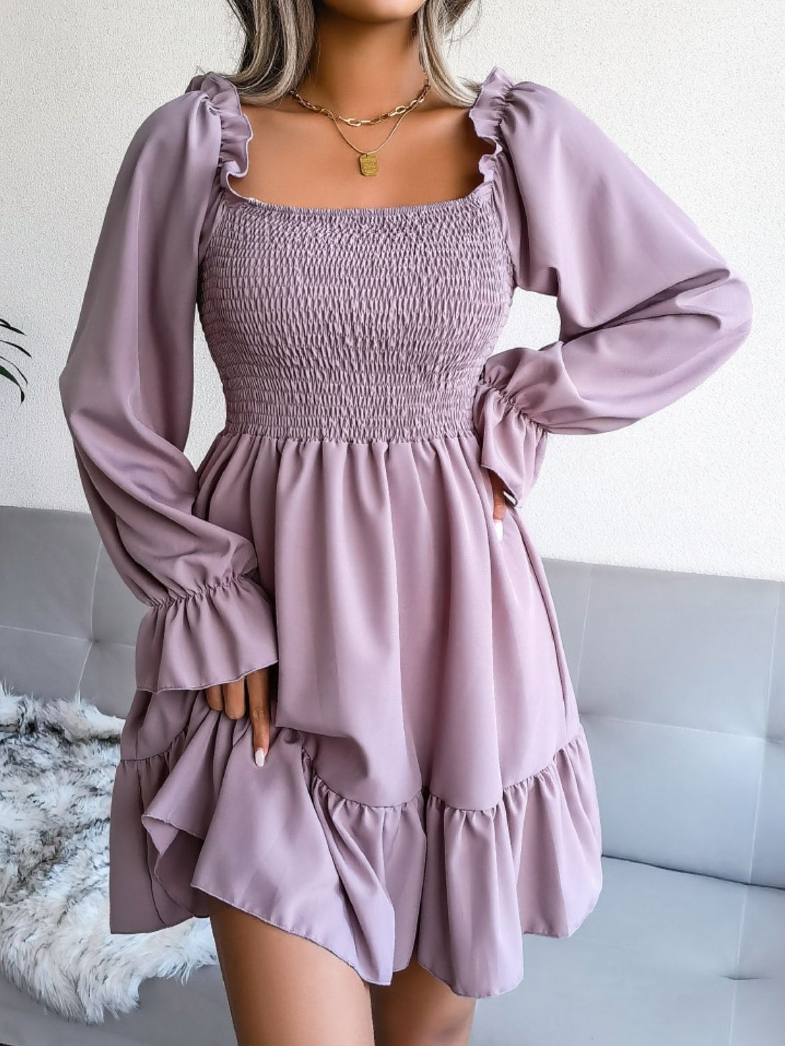 Smocked Flounce Sleeve Square Neck Dress - Witcheasy
