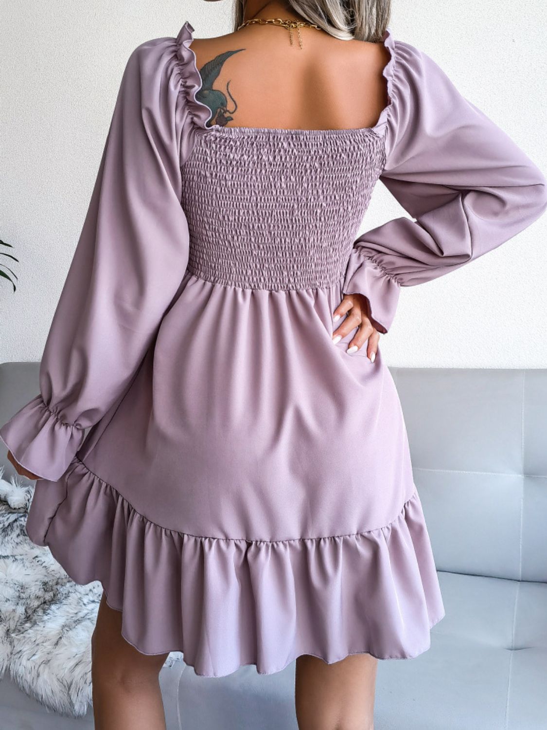 Smocked Flounce Sleeve Square Neck Dress - Witcheasy
