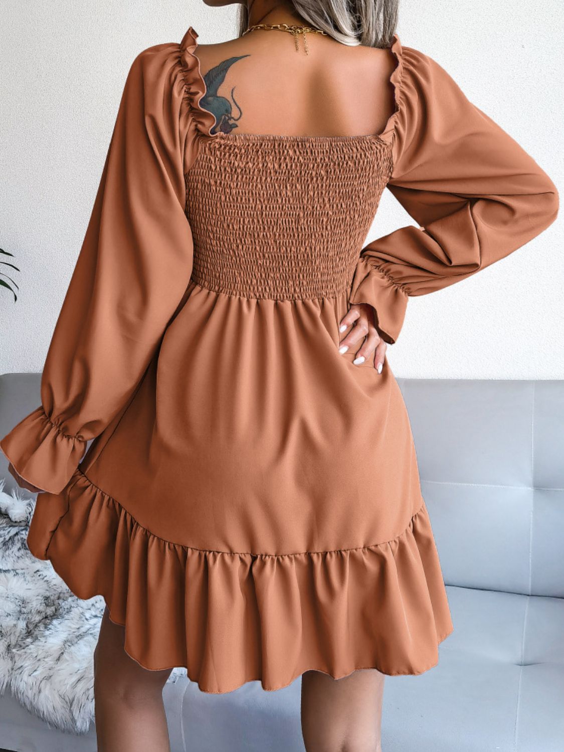 Smocked Flounce Sleeve Square Neck Dress - Witcheasy