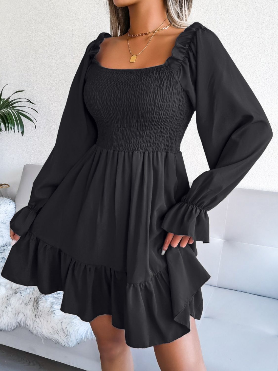 Smocked Flounce Sleeve Square Neck Dress - Witcheasy