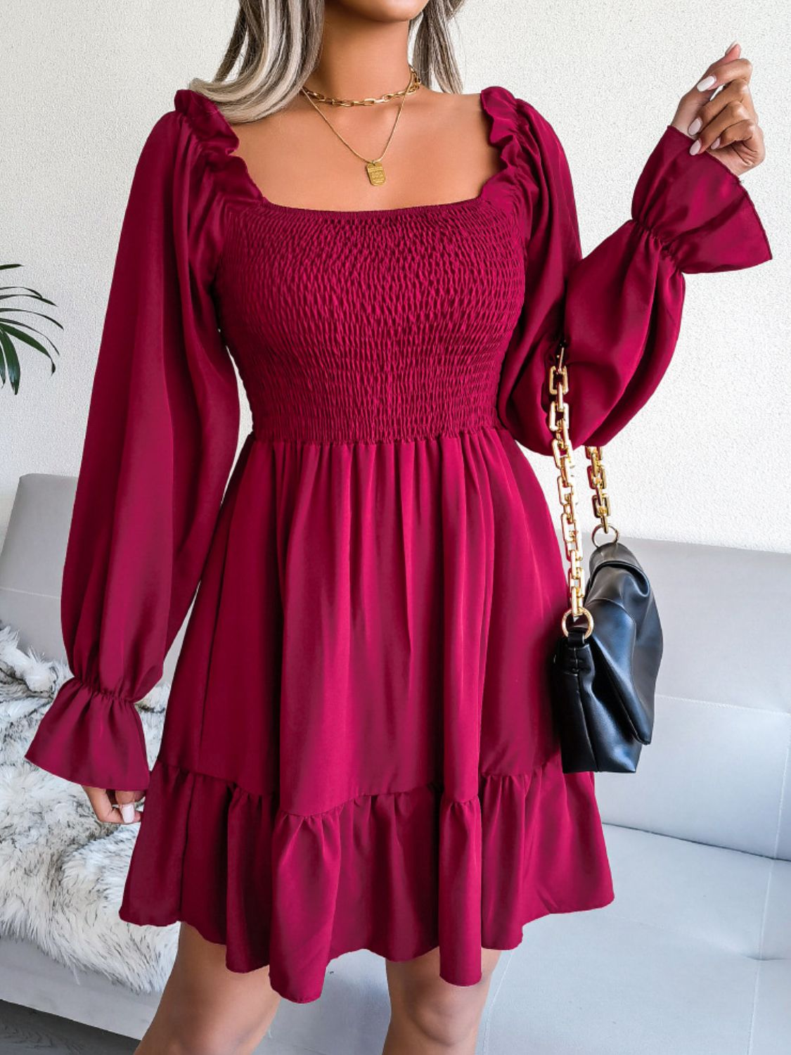 Smocked Flounce Sleeve Square Neck Dress - Witcheasy