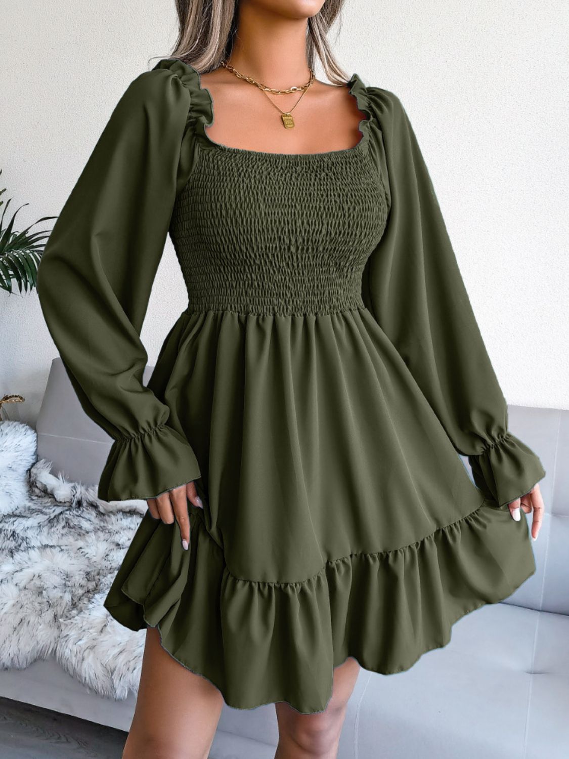 Smocked Flounce Sleeve Square Neck Dress - Witcheasy
