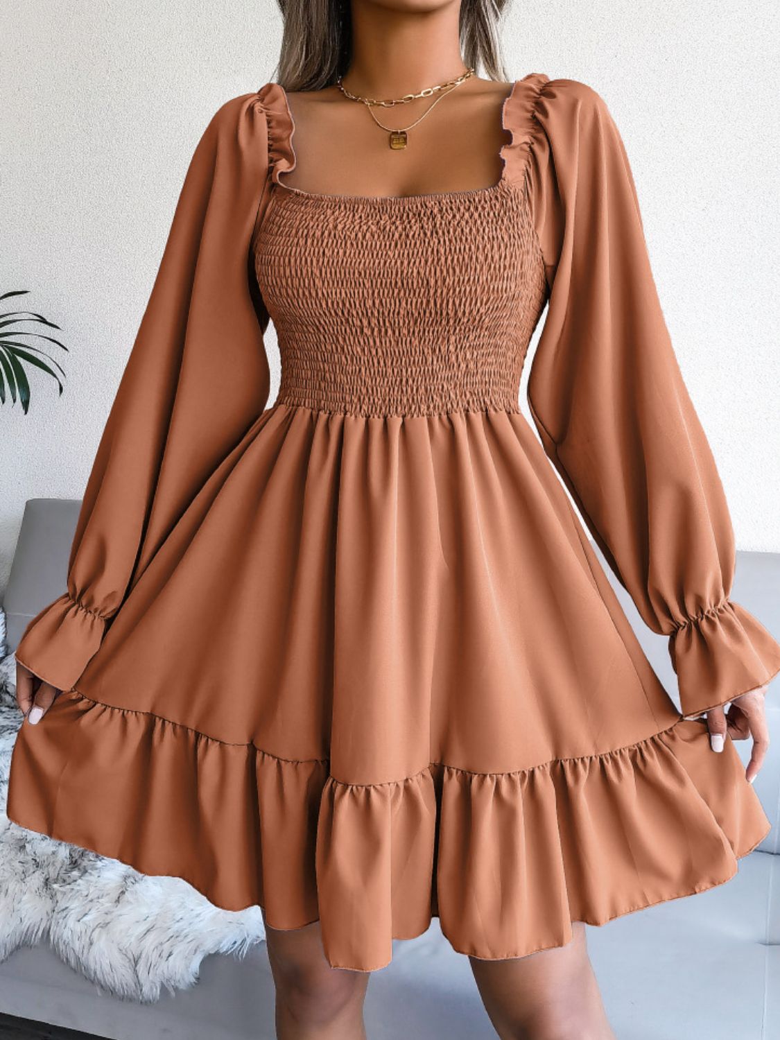 Smocked Flounce Sleeve Square Neck Dress - Witcheasy