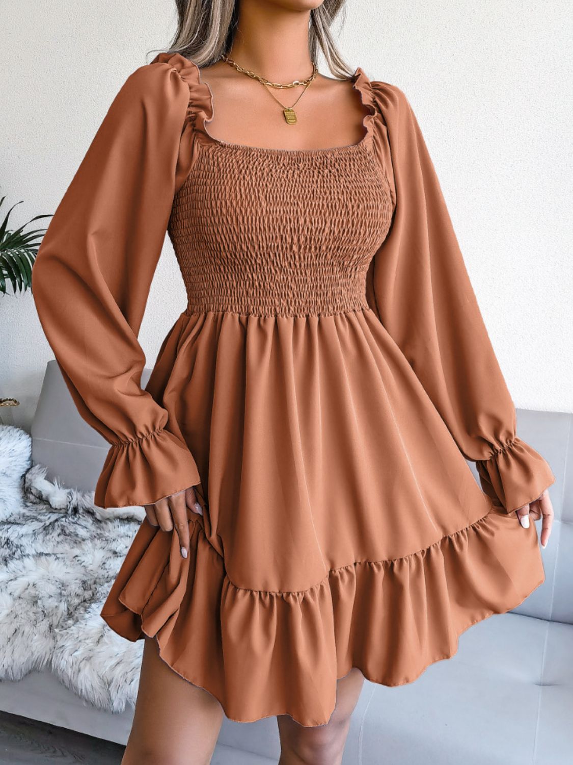 Smocked Flounce Sleeve Square Neck Dress - Witcheasy