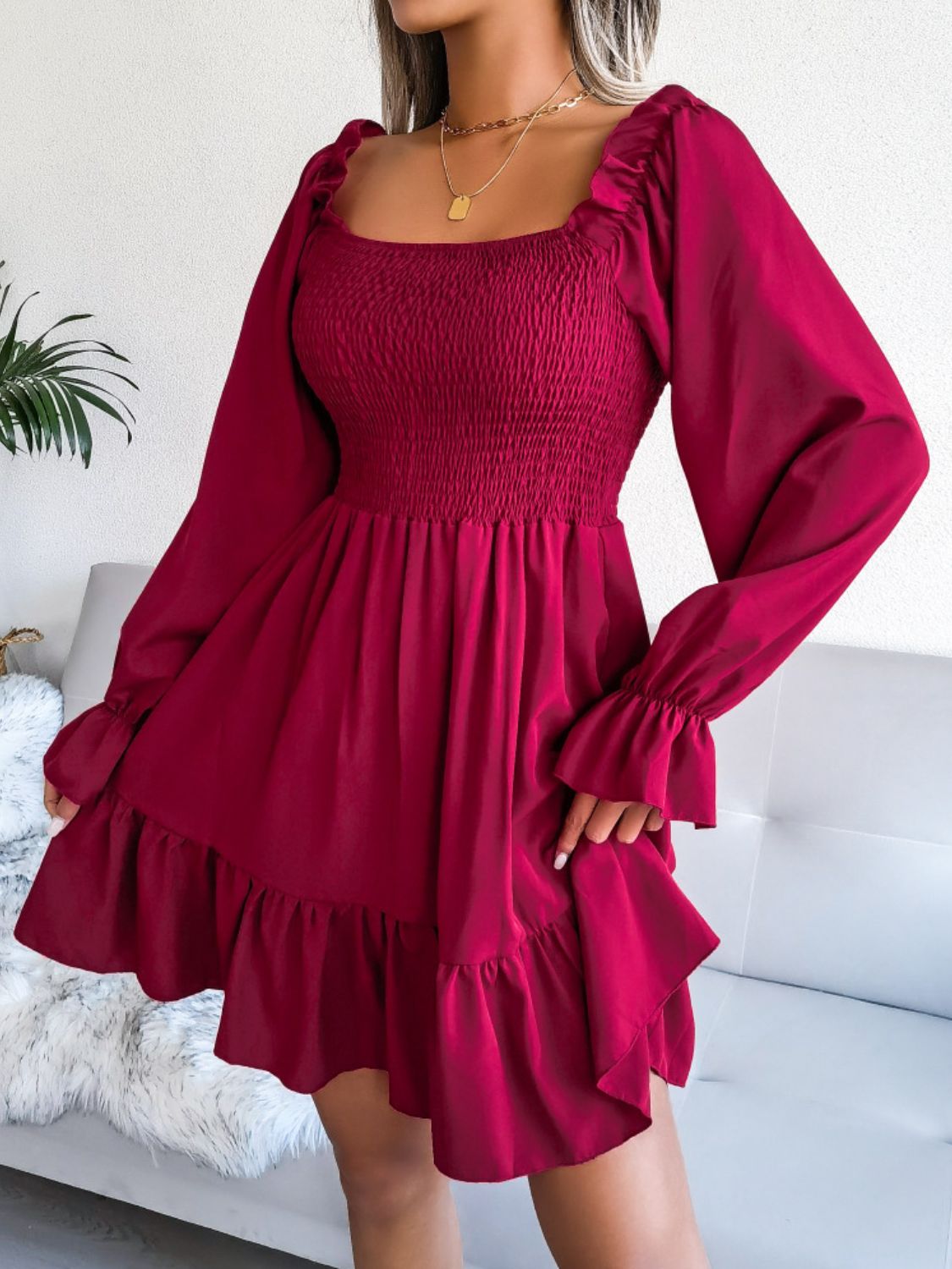 Smocked Flounce Sleeve Square Neck Dress - Witcheasy