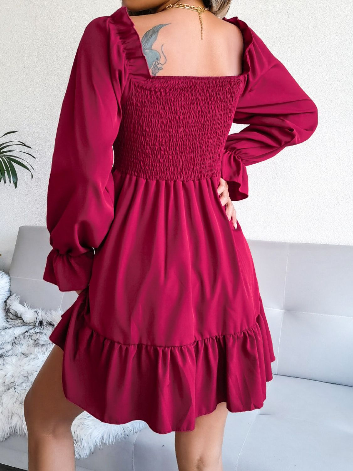 Smocked Flounce Sleeve Square Neck Dress - Witcheasy