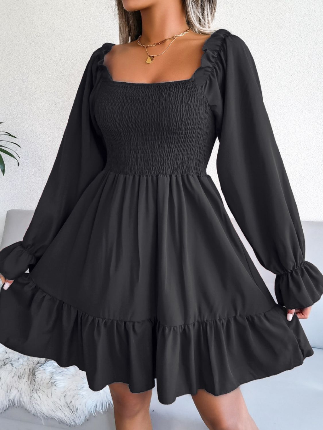 Smocked Flounce Sleeve Square Neck Dress - Witcheasy