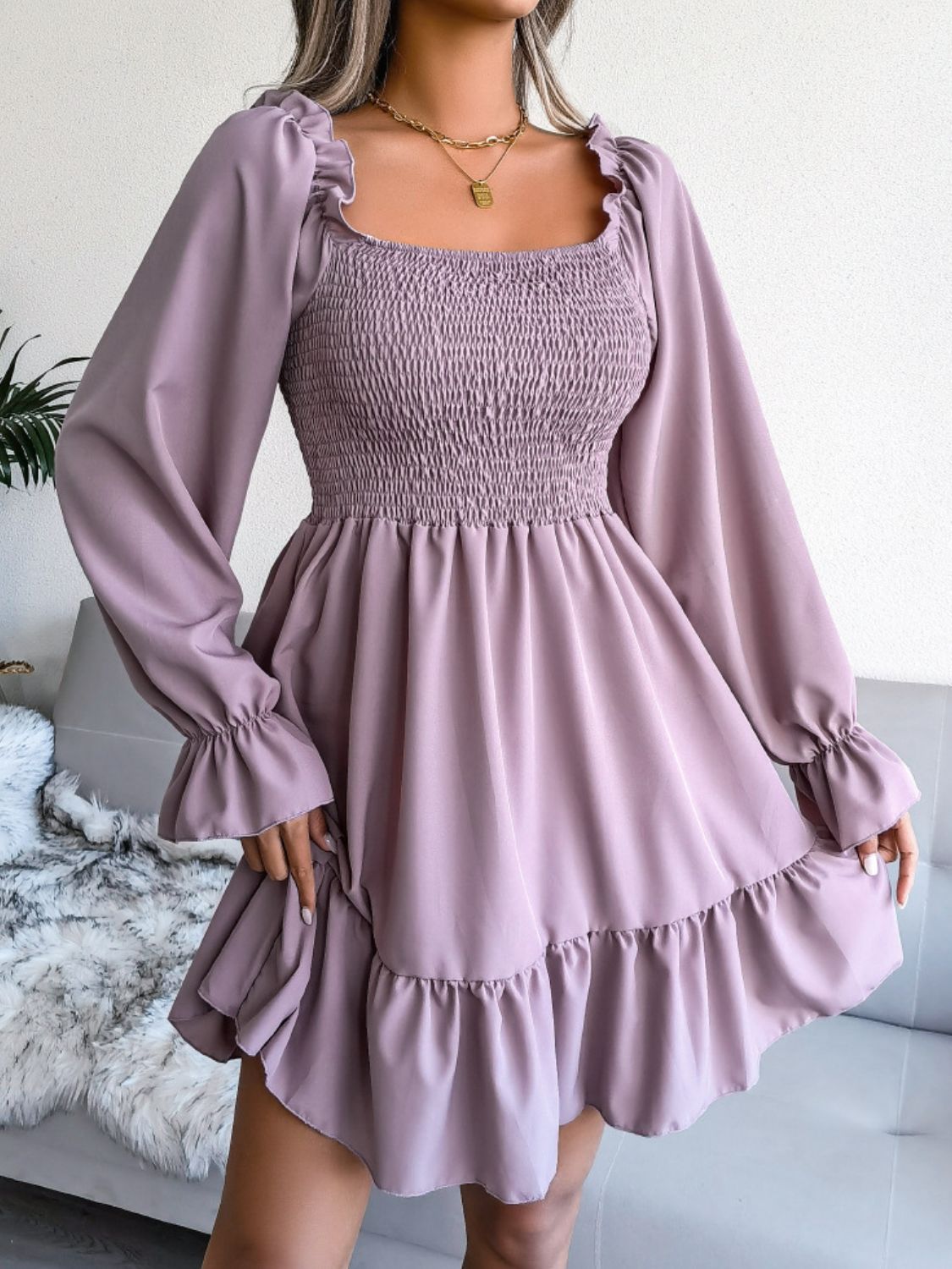 Smocked Flounce Sleeve Square Neck Dress - Witcheasy