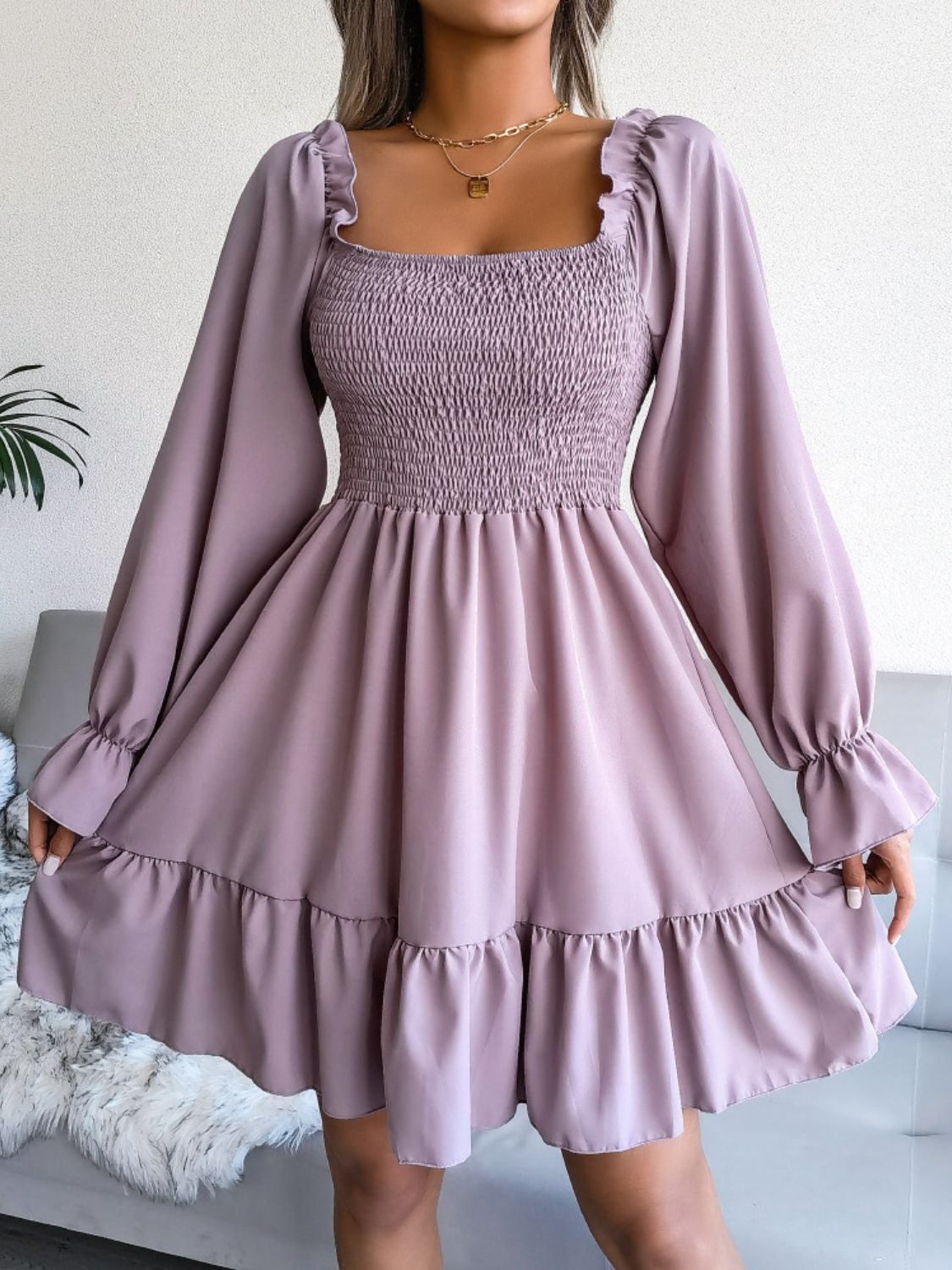 Smocked Flounce Sleeve Square Neck Dress - Witcheasy