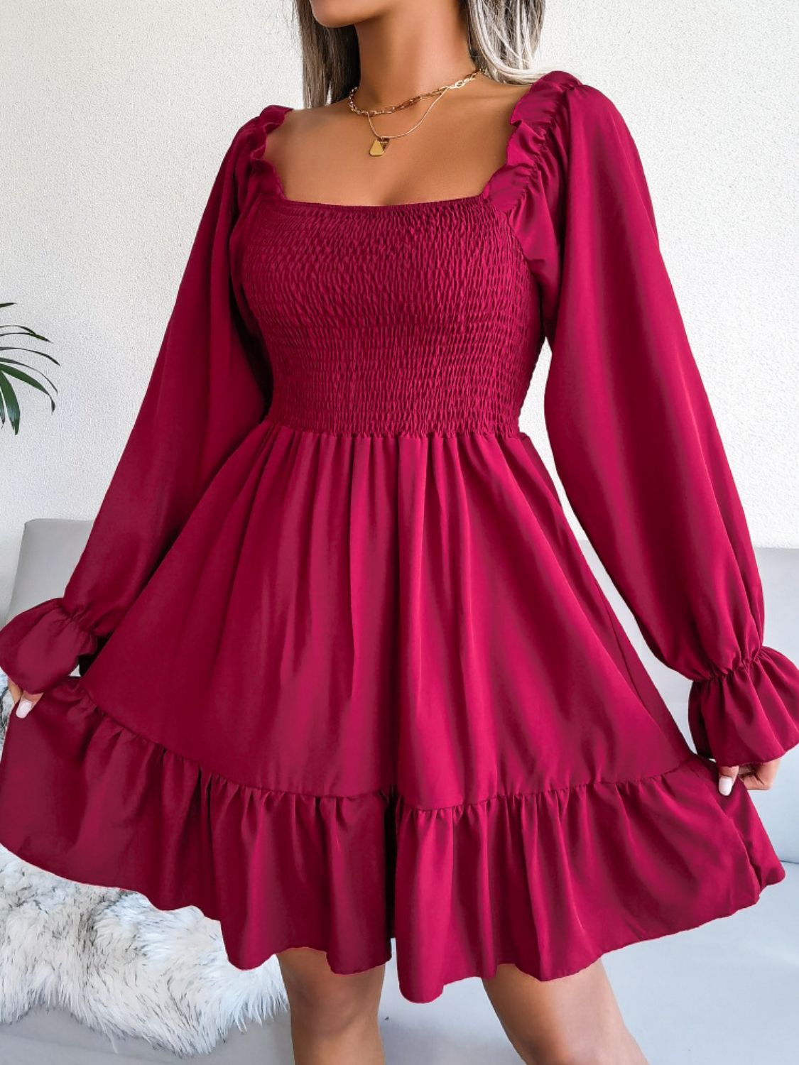 Smocked Flounce Sleeve Square Neck Dress - Witcheasy