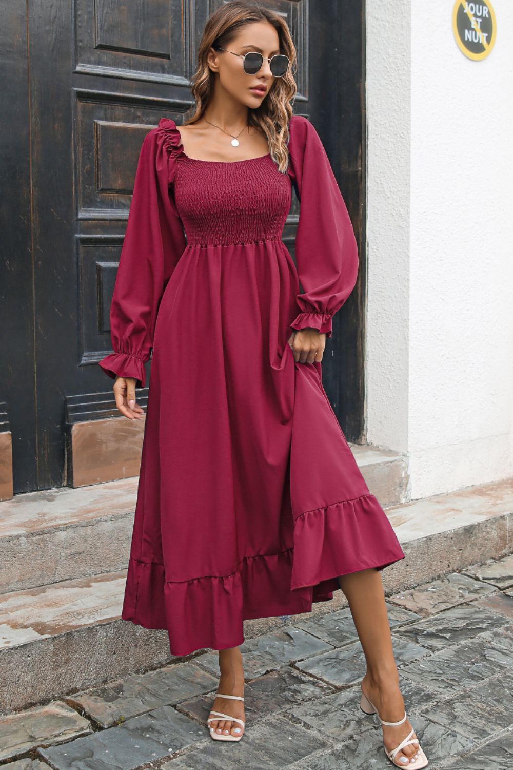 Smocked Ruffle Hem Flounce Sleeve Dress - Witcheasy