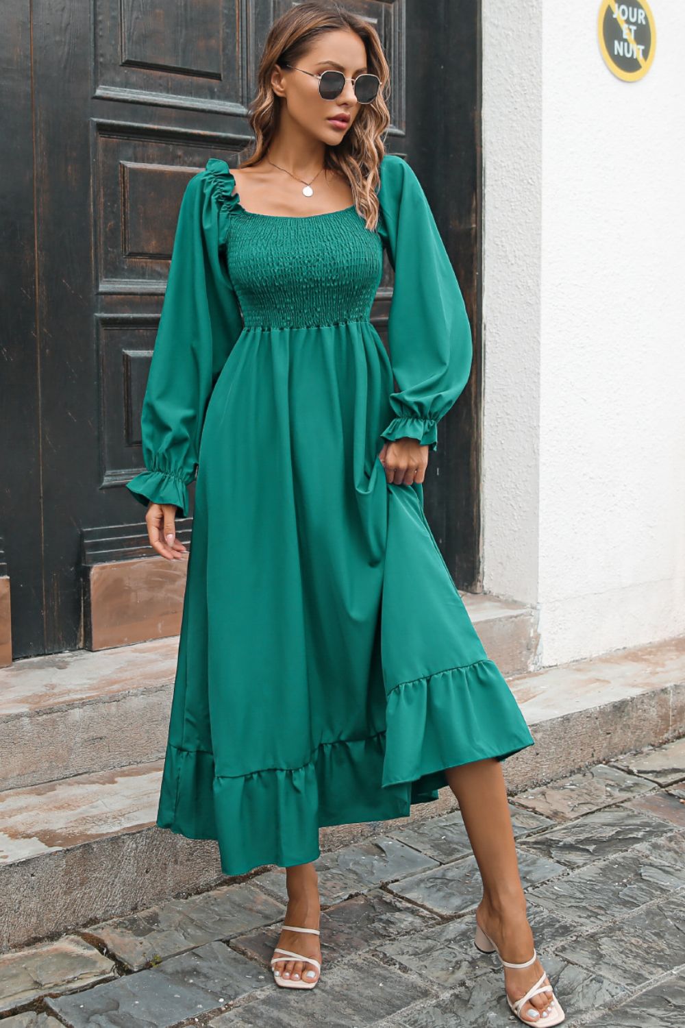 Smocked Ruffle Hem Flounce Sleeve Dress - Witcheasy