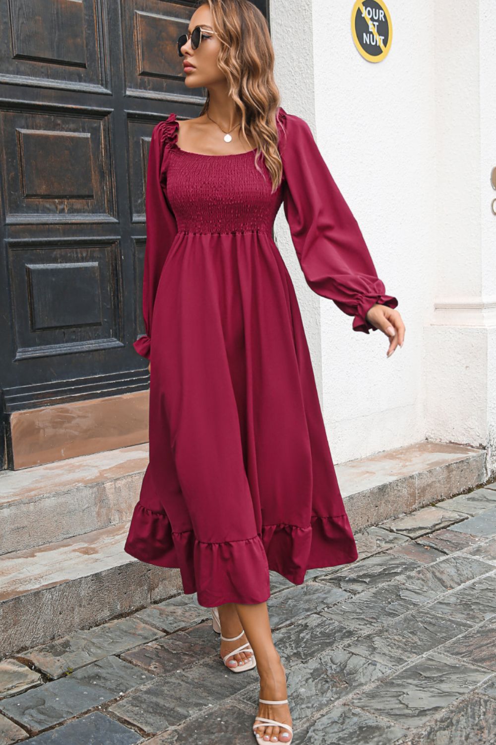 Smocked Ruffle Hem Flounce Sleeve Dress - Witcheasy