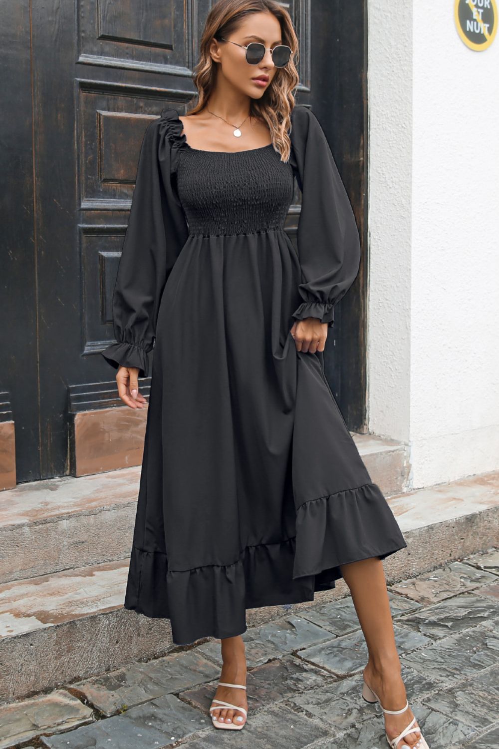Smocked Ruffle Hem Flounce Sleeve Dress - Witcheasy