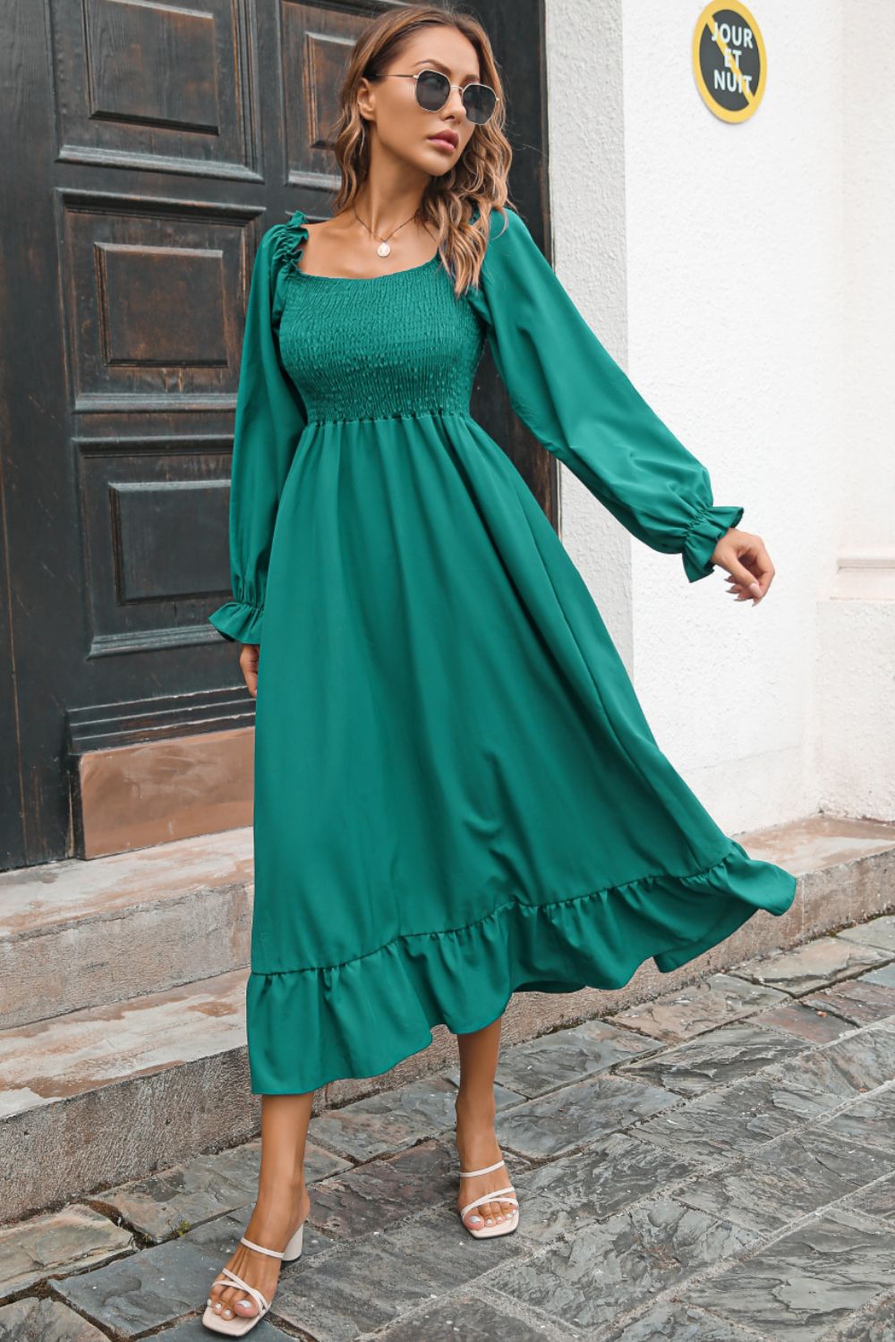 Smocked Ruffle Hem Flounce Sleeve Dress - Witcheasy