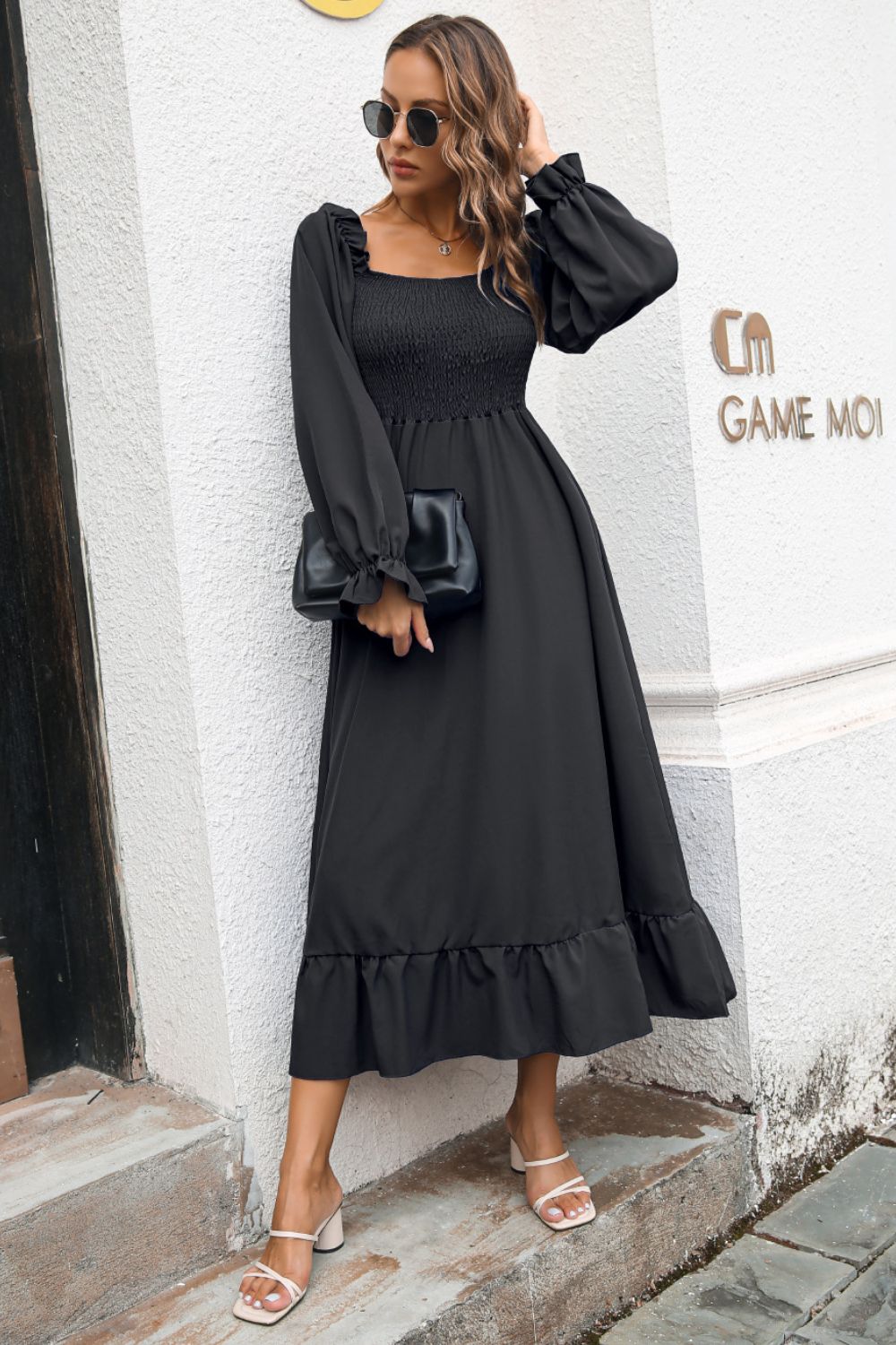Smocked Ruffle Hem Flounce Sleeve Dress - Witcheasy