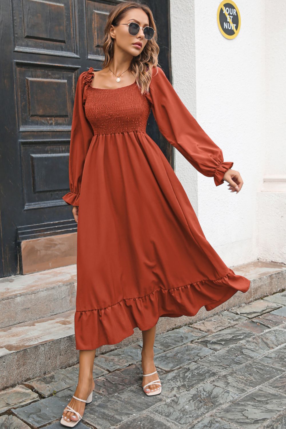 Smocked Ruffle Hem Flounce Sleeve Dress - Witcheasy