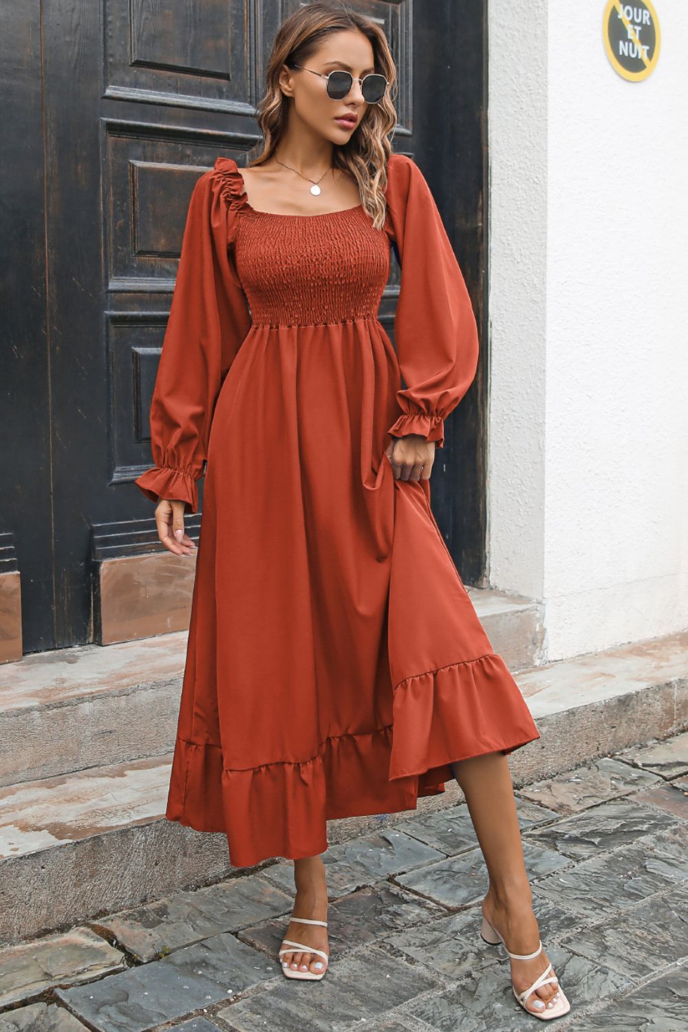 Smocked Ruffle Hem Flounce Sleeve Dress - Witcheasy