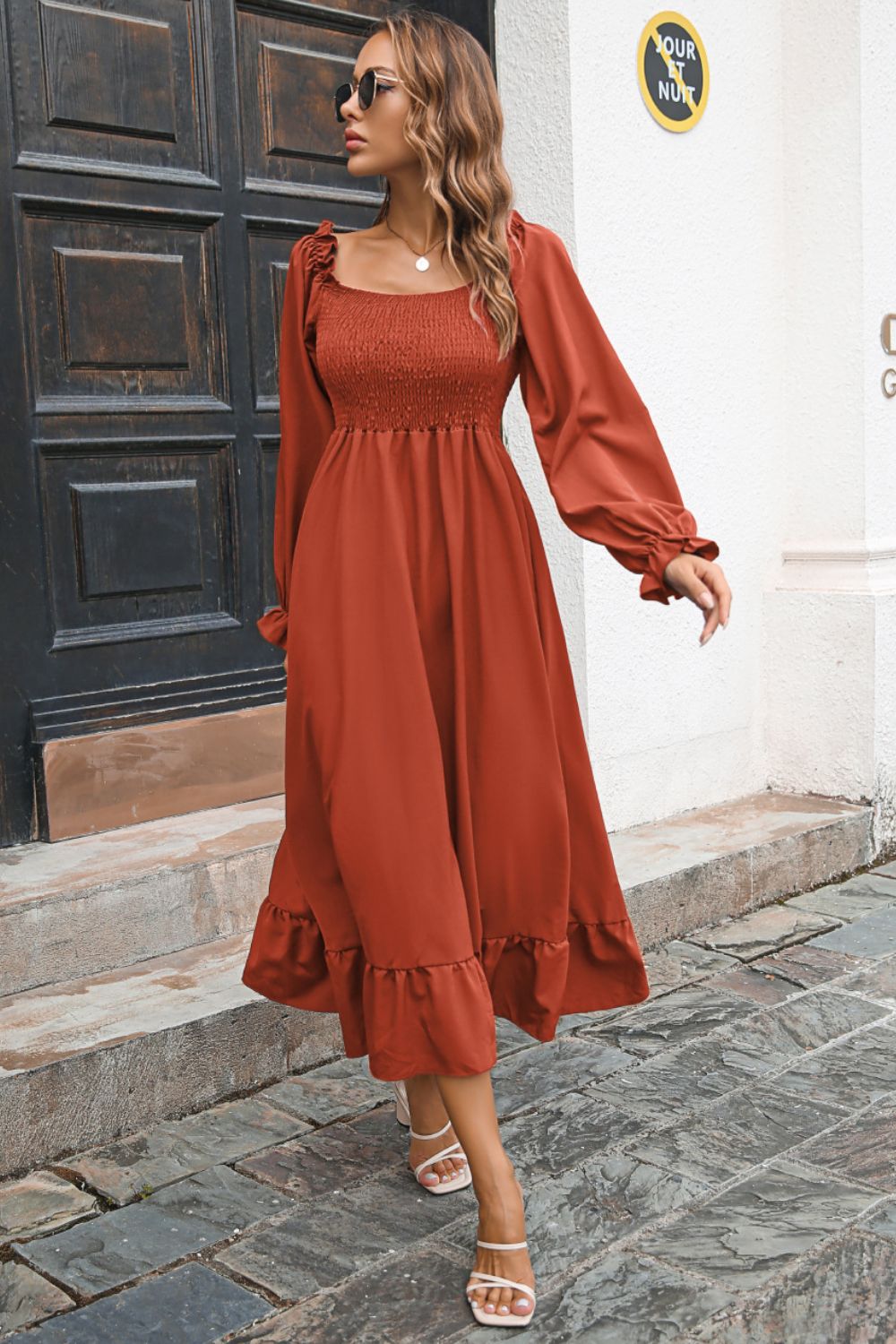 Smocked Ruffle Hem Flounce Sleeve Dress - Witcheasy