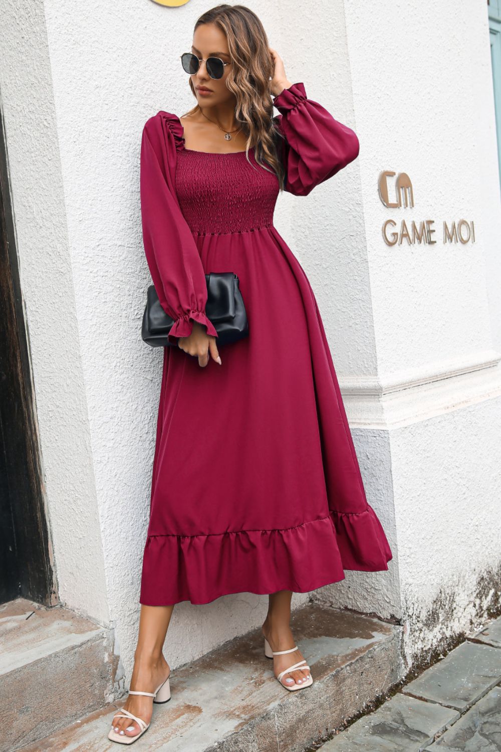 Smocked Ruffle Hem Flounce Sleeve Dress - Witcheasy