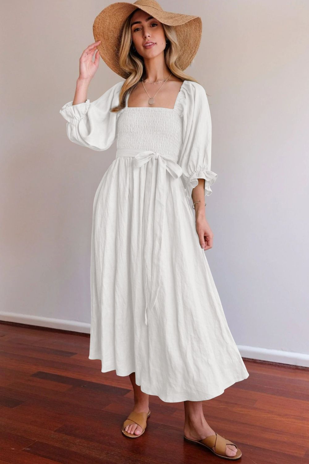 Smocked Square Neck Flounce Sleeve Dress - Witcheasy