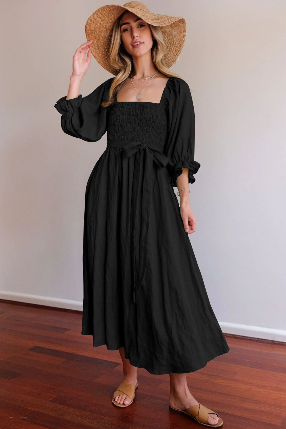 Smocked Square Neck Flounce Sleeve Dress - Witcheasy