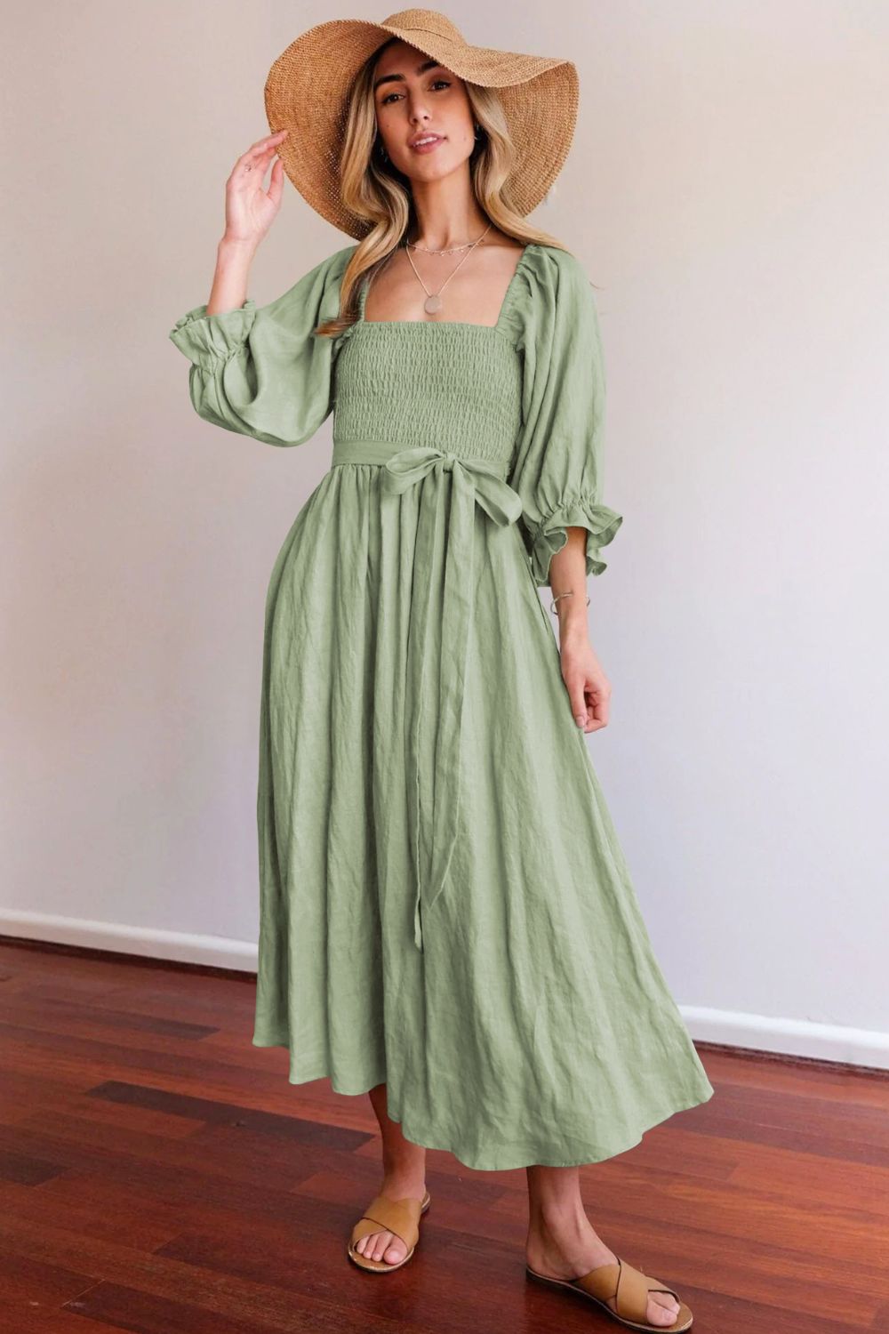 Smocked Square Neck Flounce Sleeve Dress - Witcheasy