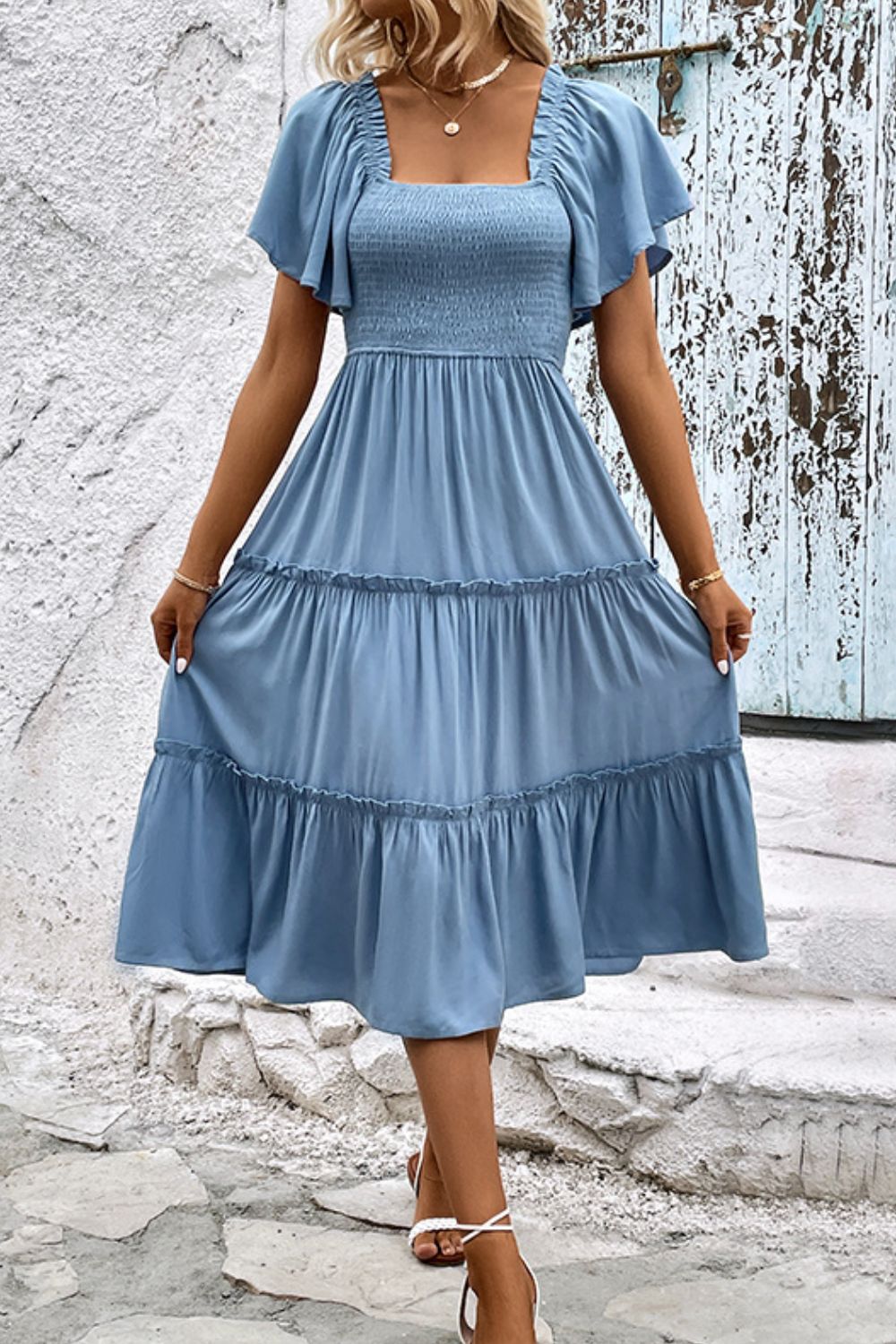 Smocked Square Neck Frill Trim Dress - Witcheasy