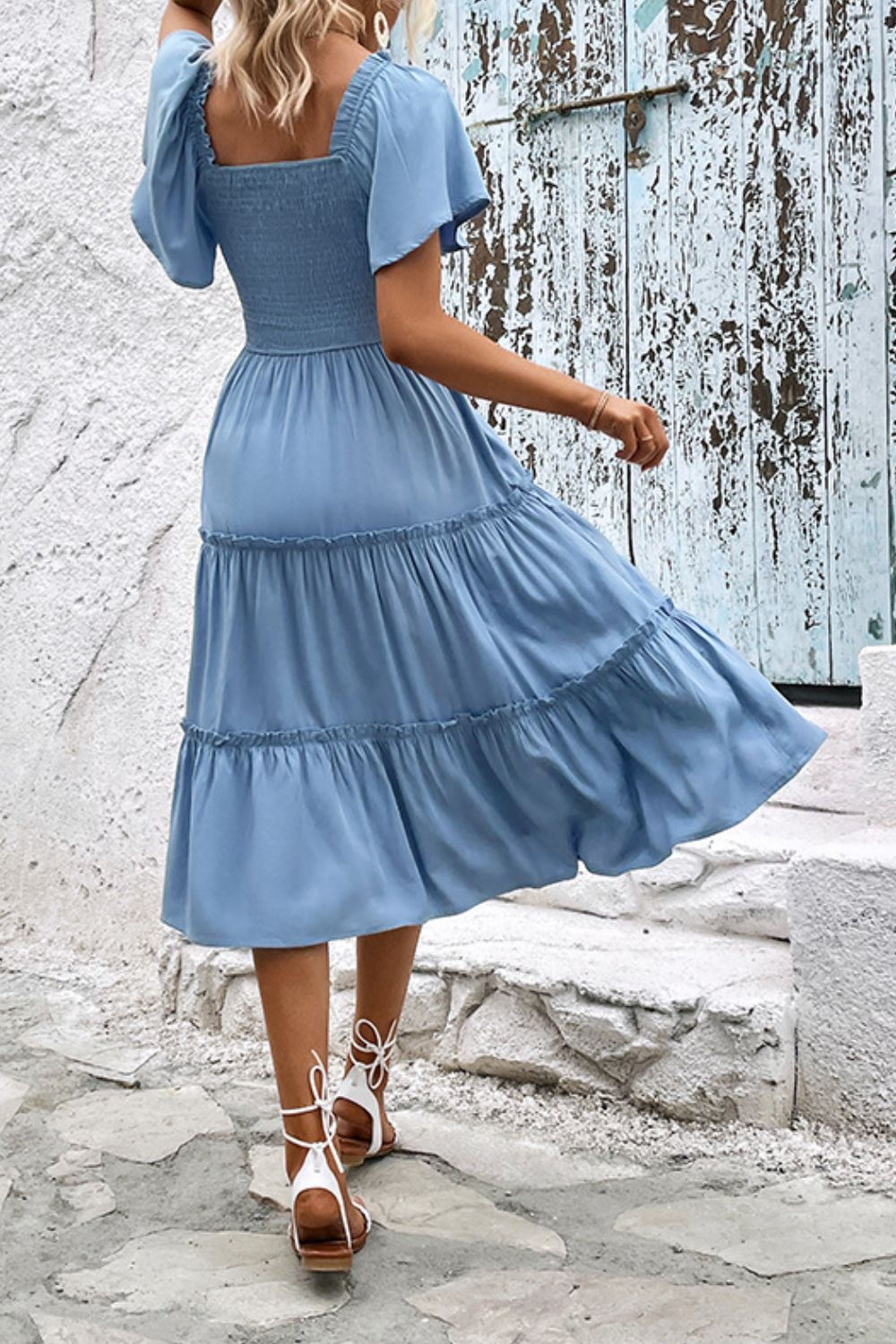 Smocked Square Neck Frill Trim Dress - Witcheasy