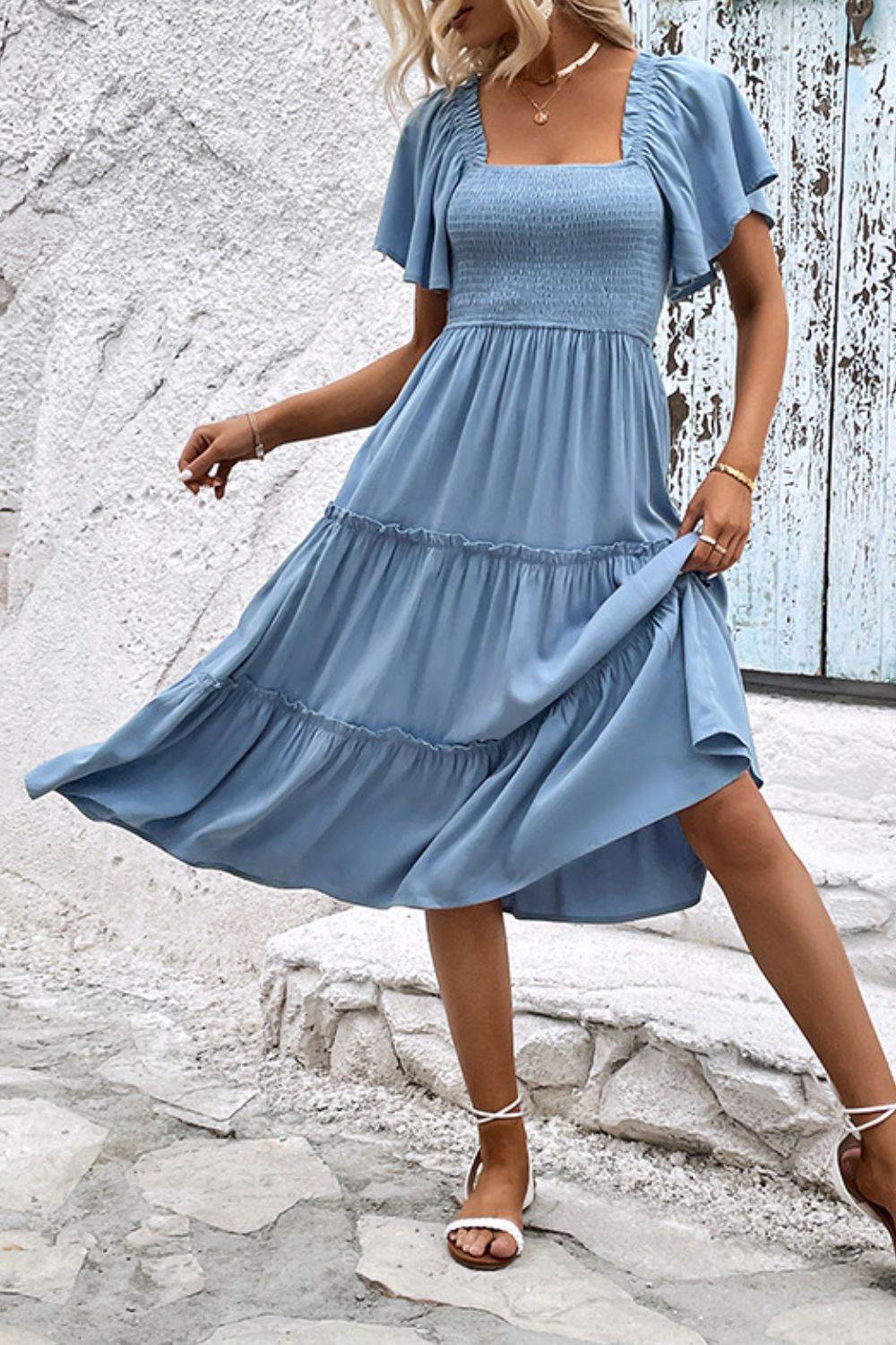 Smocked Square Neck Frill Trim Dress - Witcheasy