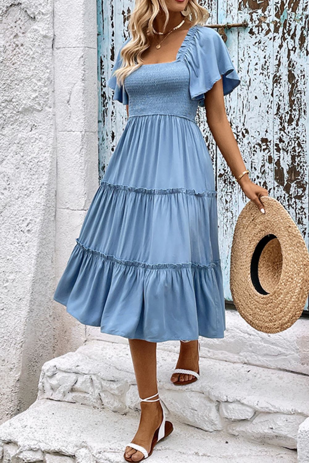 Smocked Square Neck Frill Trim Dress - Witcheasy