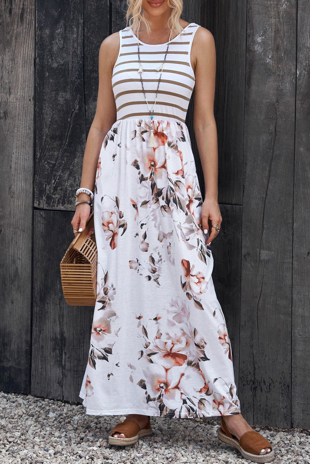 Striped Floral Round Neck Sleeveless Maxi Dress - Witcheasy