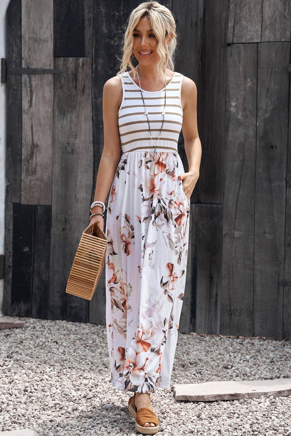 Striped Floral Round Neck Sleeveless Maxi Dress - Witcheasy
