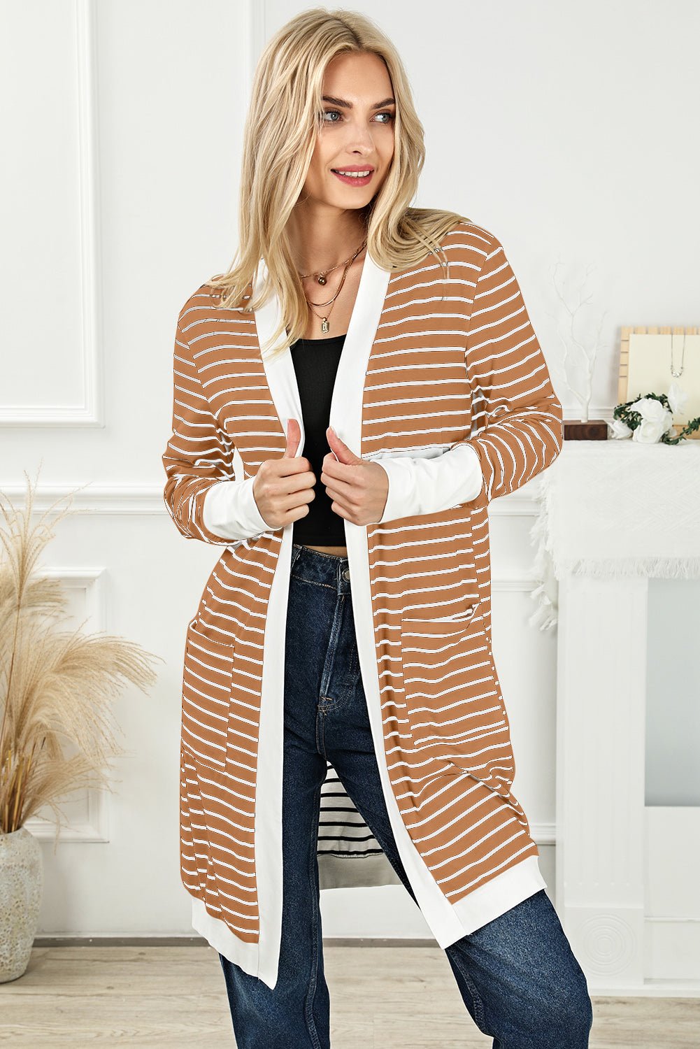 Striped Open Front Longline Cardigan - Witcheasy