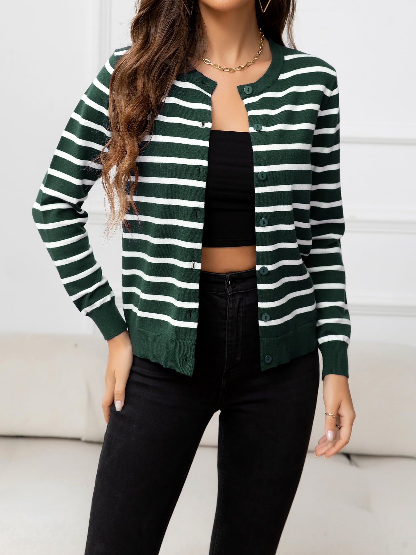 Striped Round Neck Long Sleeve Buttoned Knit Top - Witcheasy