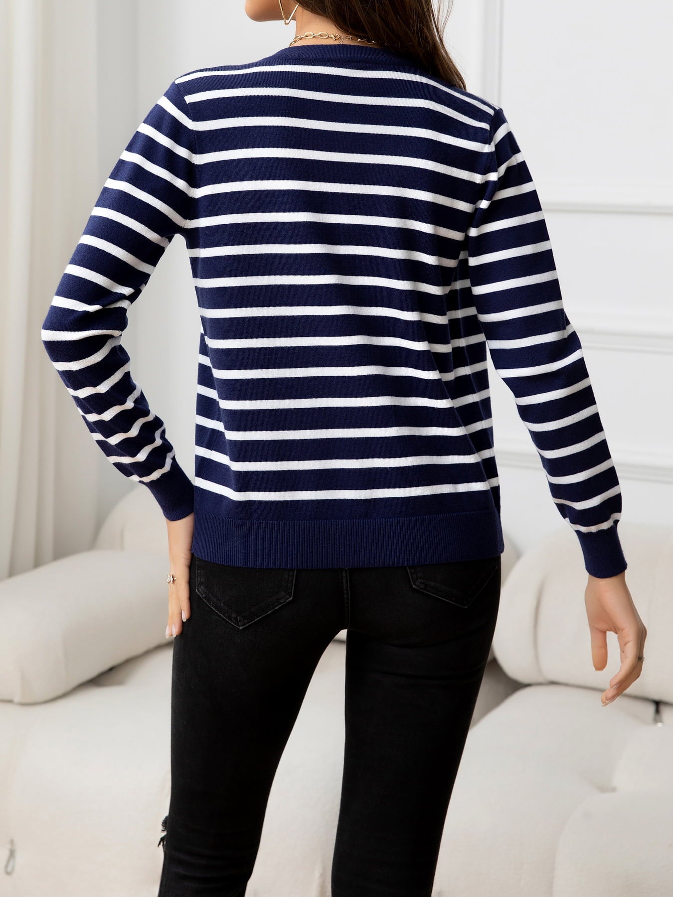 Striped Round Neck Long Sleeve Buttoned Knit Top - Witcheasy