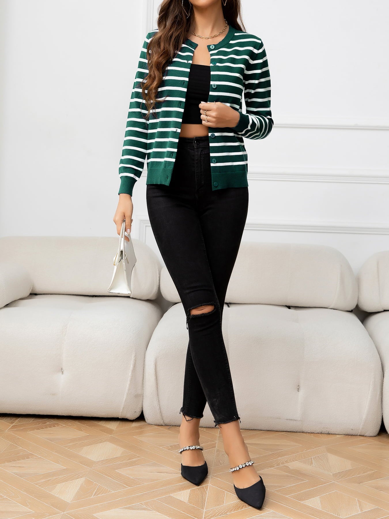 Striped Round Neck Long Sleeve Buttoned Knit Top - Witcheasy