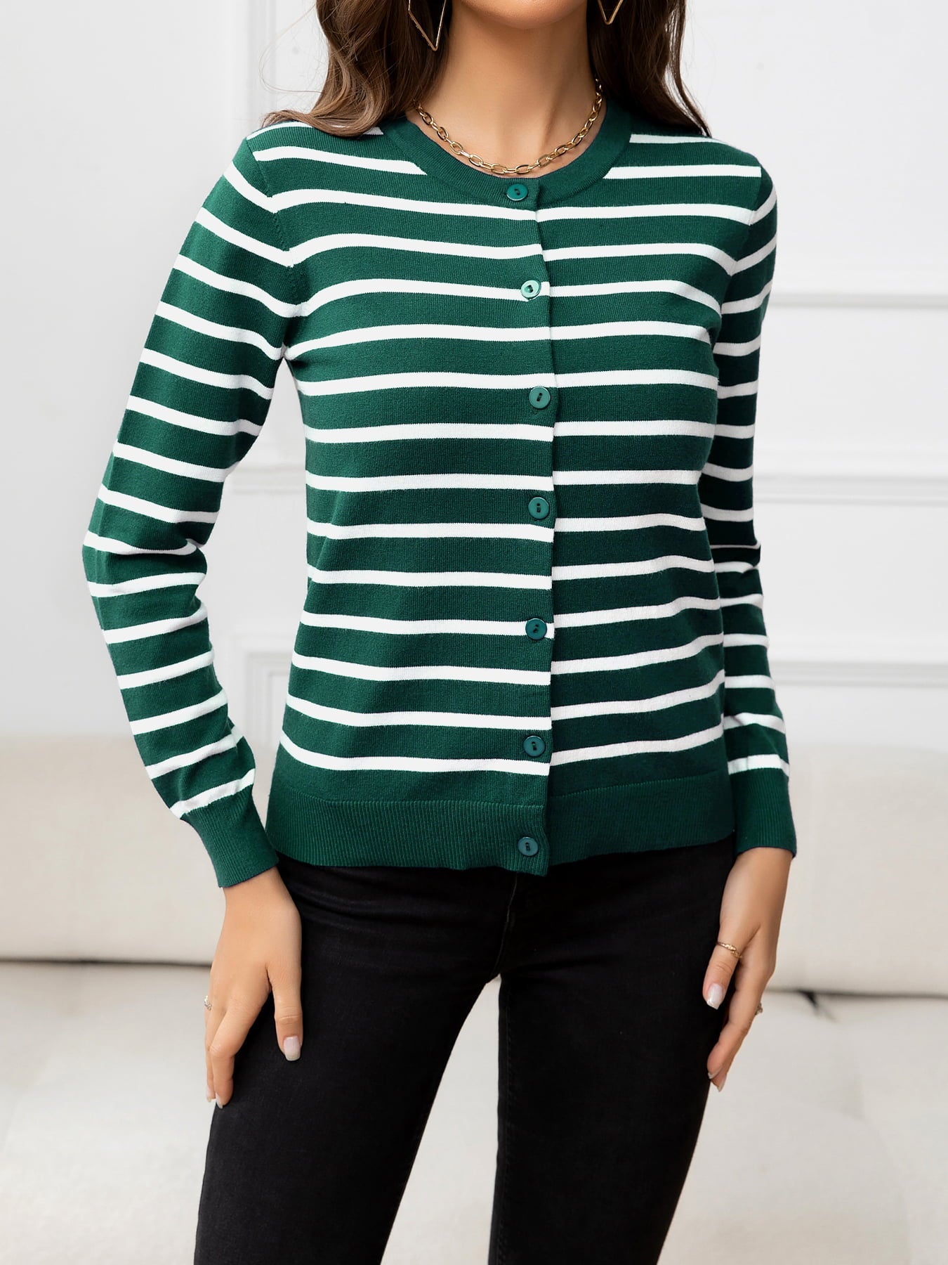 Striped Round Neck Long Sleeve Buttoned Knit Top - Witcheasy