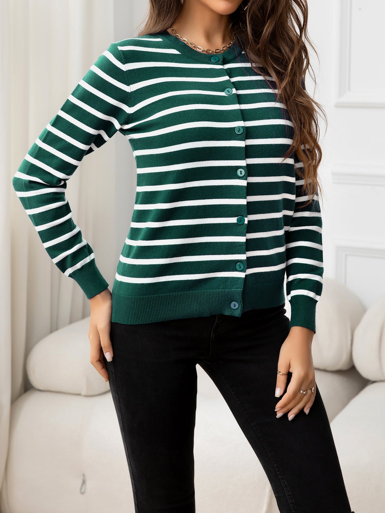 Striped Round Neck Long Sleeve Buttoned Knit Top - Witcheasy