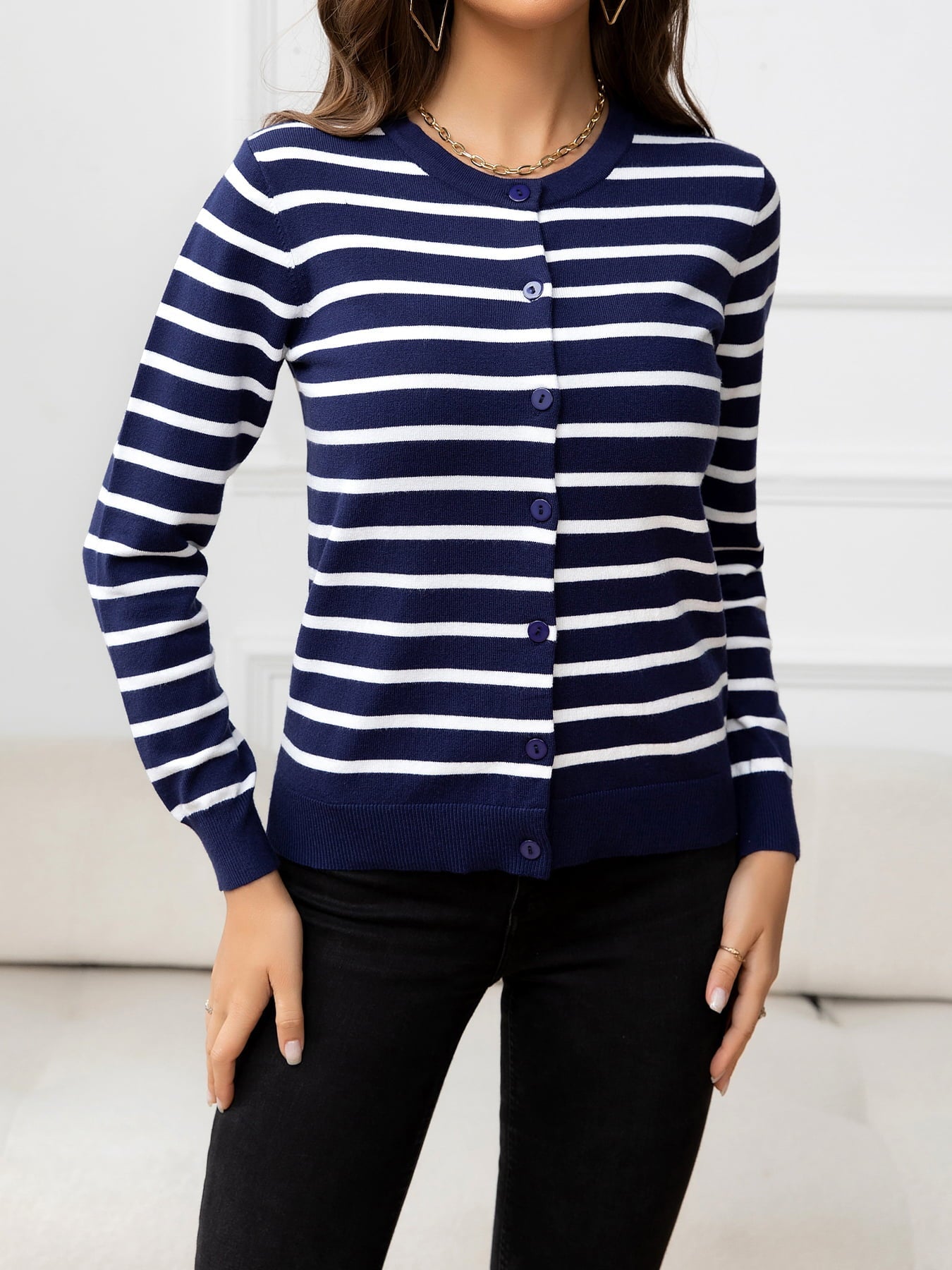 Striped Round Neck Long Sleeve Buttoned Knit Top - Witcheasy
