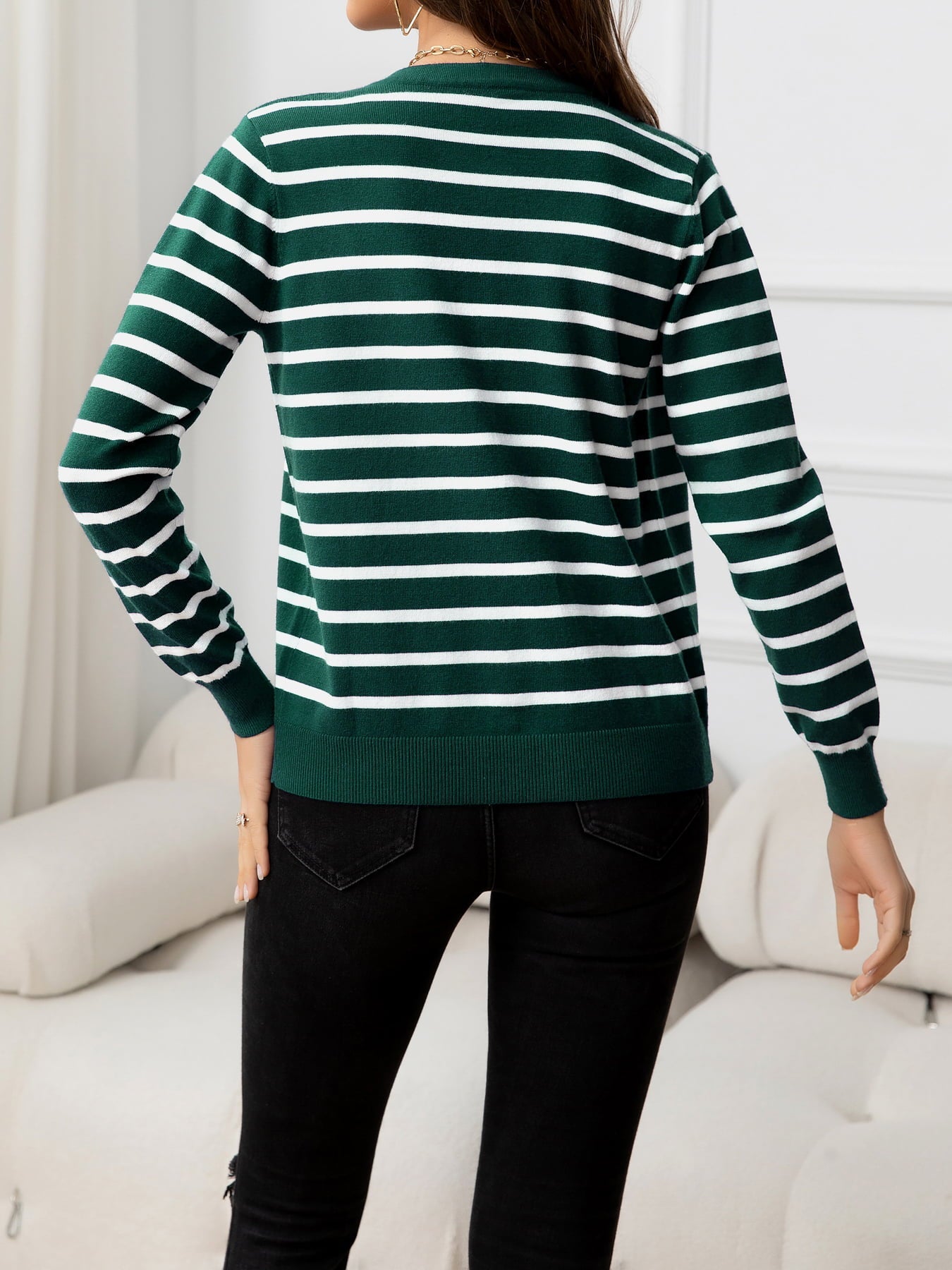 Striped Round Neck Long Sleeve Buttoned Knit Top - Witcheasy