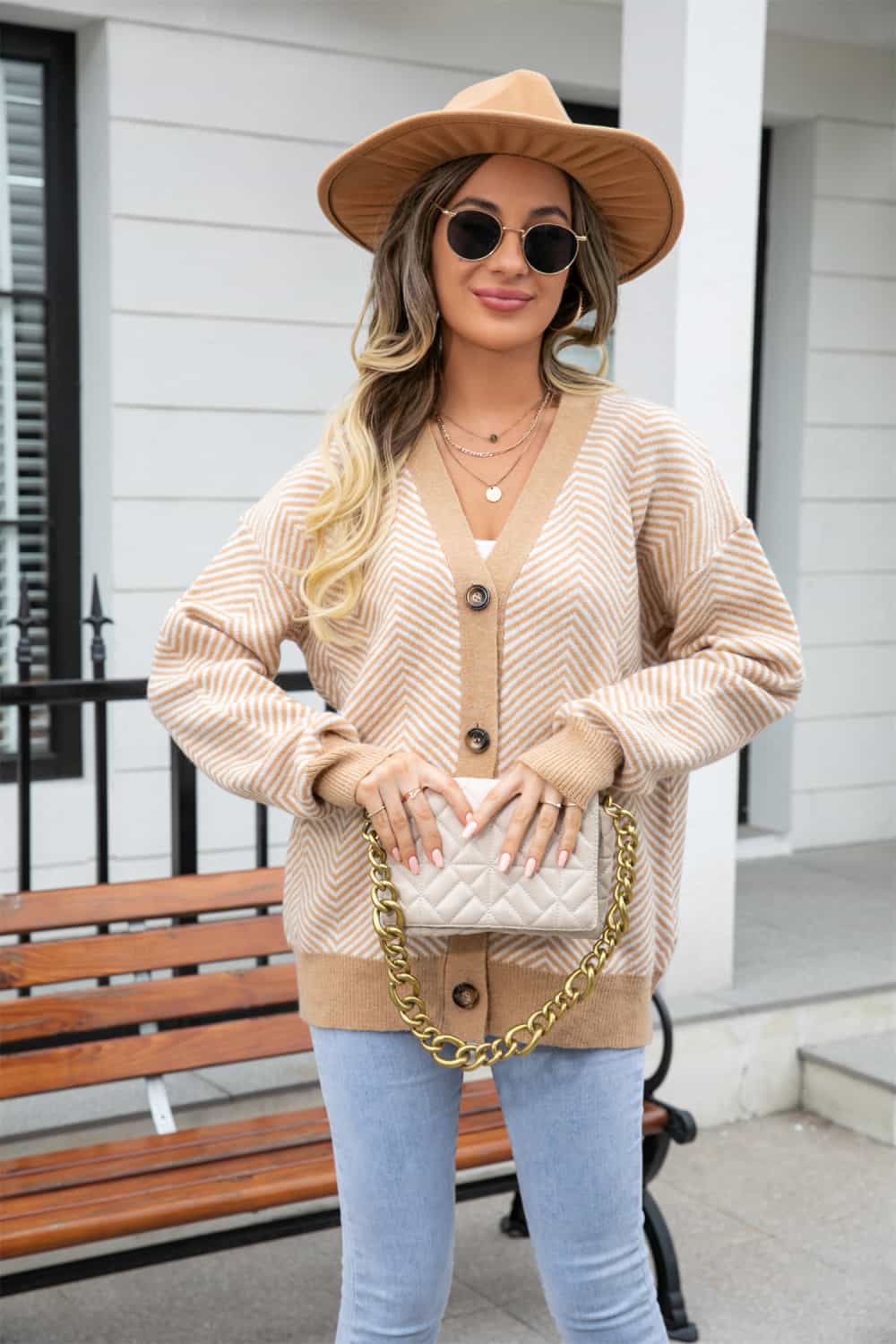 Striped V-Neck Dropped Shoulder Button-Up Cardigan - Witcheasy