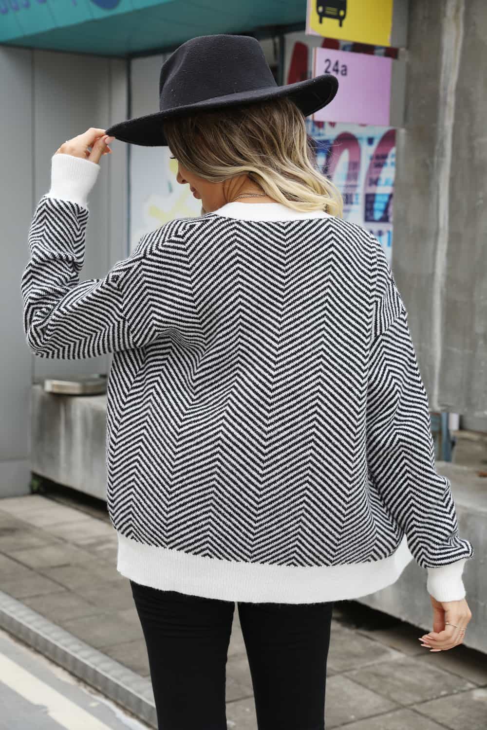 Striped V-Neck Dropped Shoulder Button-Up Cardigan - Witcheasy
