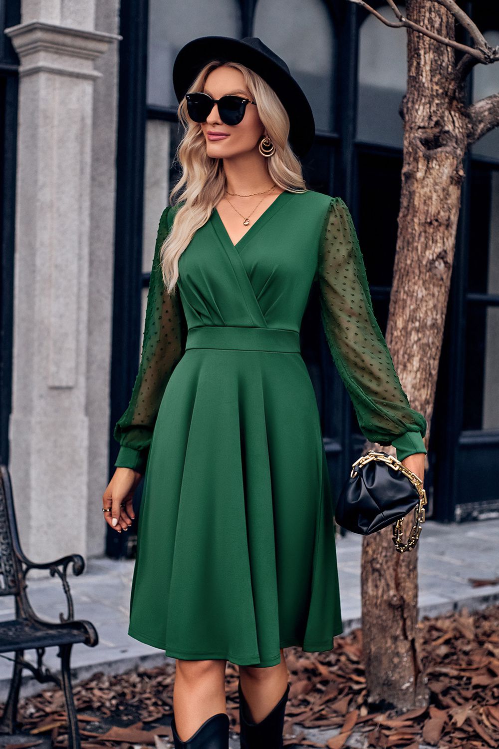 Surplice Neck Swiss Dot Long Sleeve Dress - Witcheasy