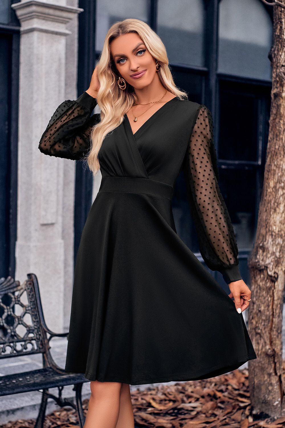 Surplice Neck Swiss Dot Long Sleeve Dress - Witcheasy