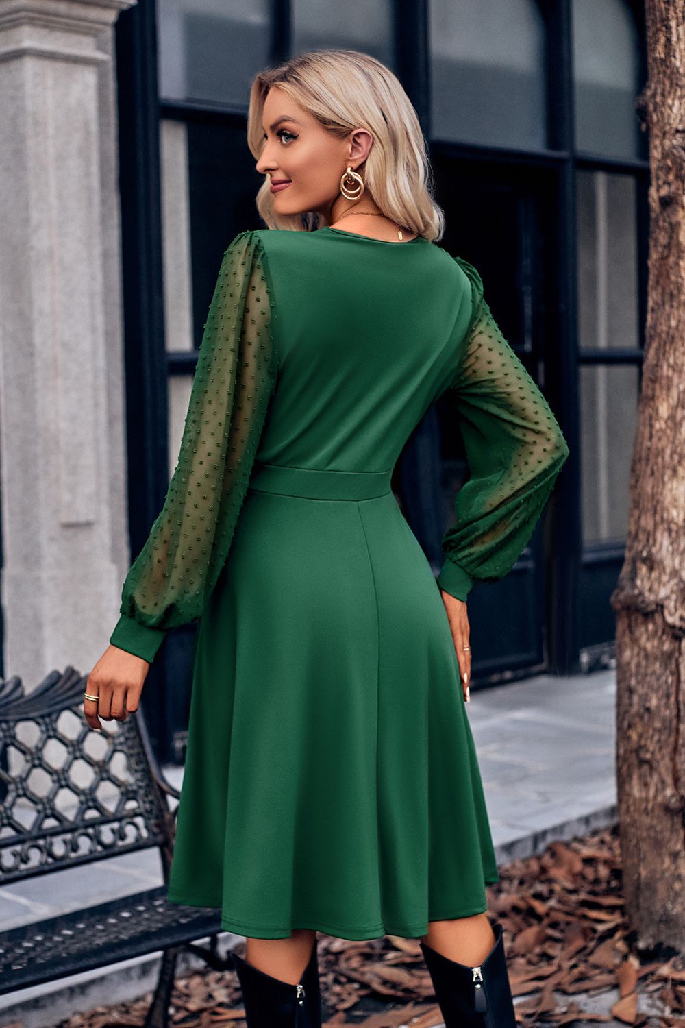 Surplice Neck Swiss Dot Long Sleeve Dress - Witcheasy