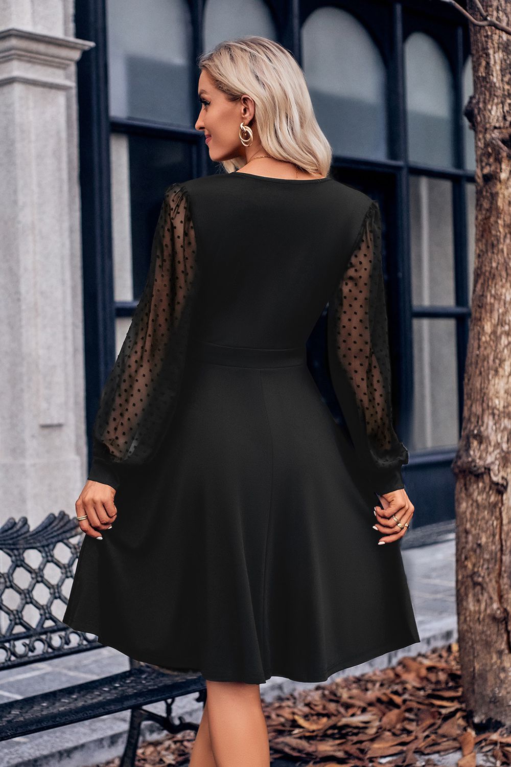 Surplice Neck Swiss Dot Long Sleeve Dress - Witcheasy