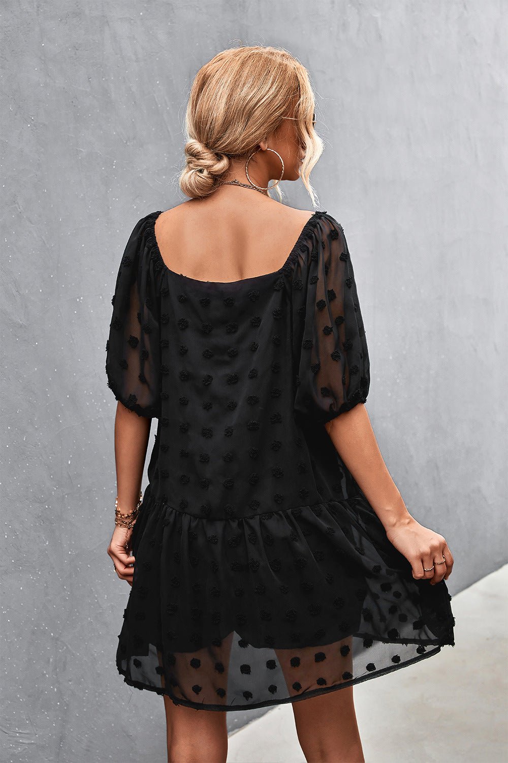 Swiss Dot Square Neck Half Balloon Sleeve Dress - Witcheasy