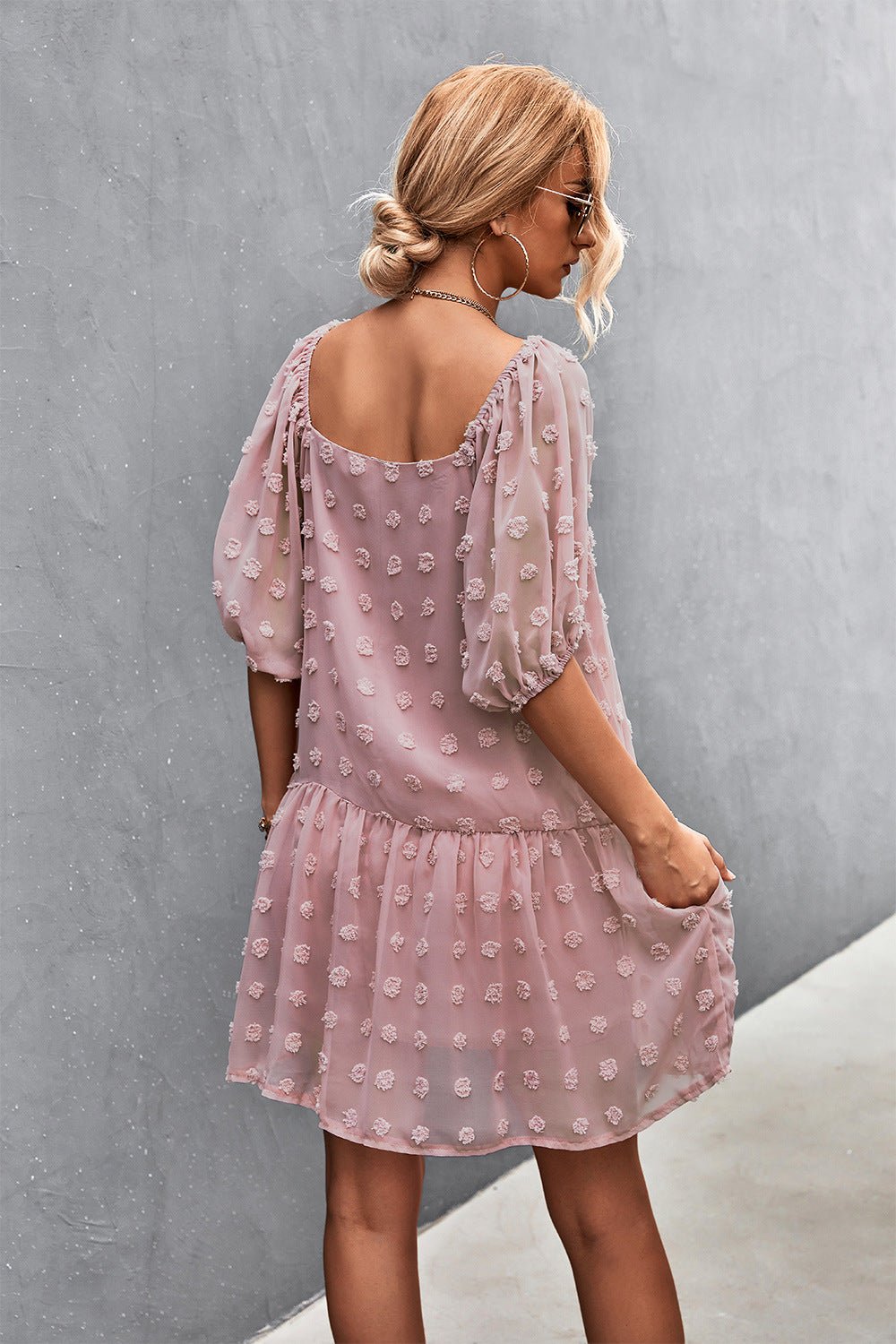 Swiss Dot Square Neck Half Balloon Sleeve Dress - Witcheasy